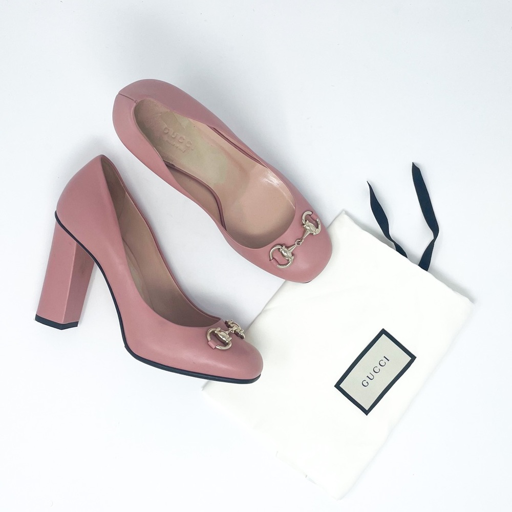 Gucci Horsebit Square Toe Leather Block Heel Pumps EU 36.5 Pink